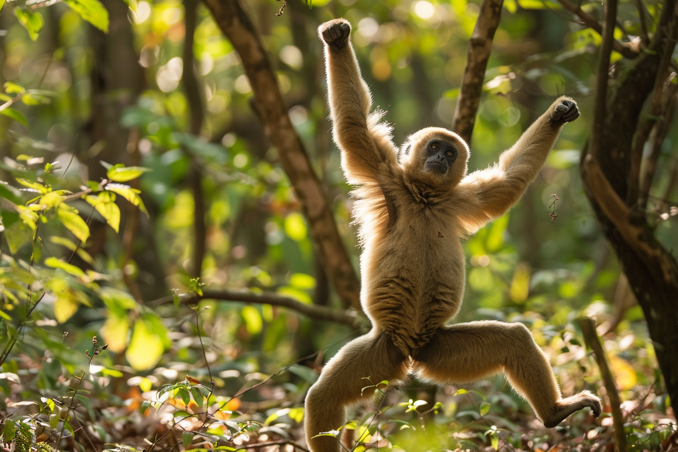 Image gratuite Gibbon jouant dans clairière ensoleillée 1
