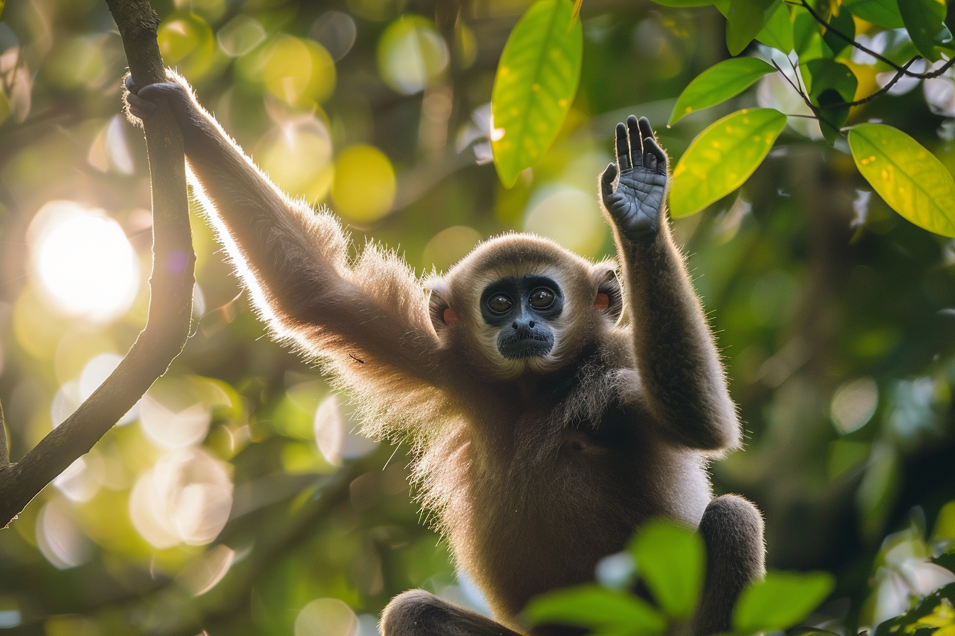Image gratuite Gibbon jouant dans clairière ensoleillée 2