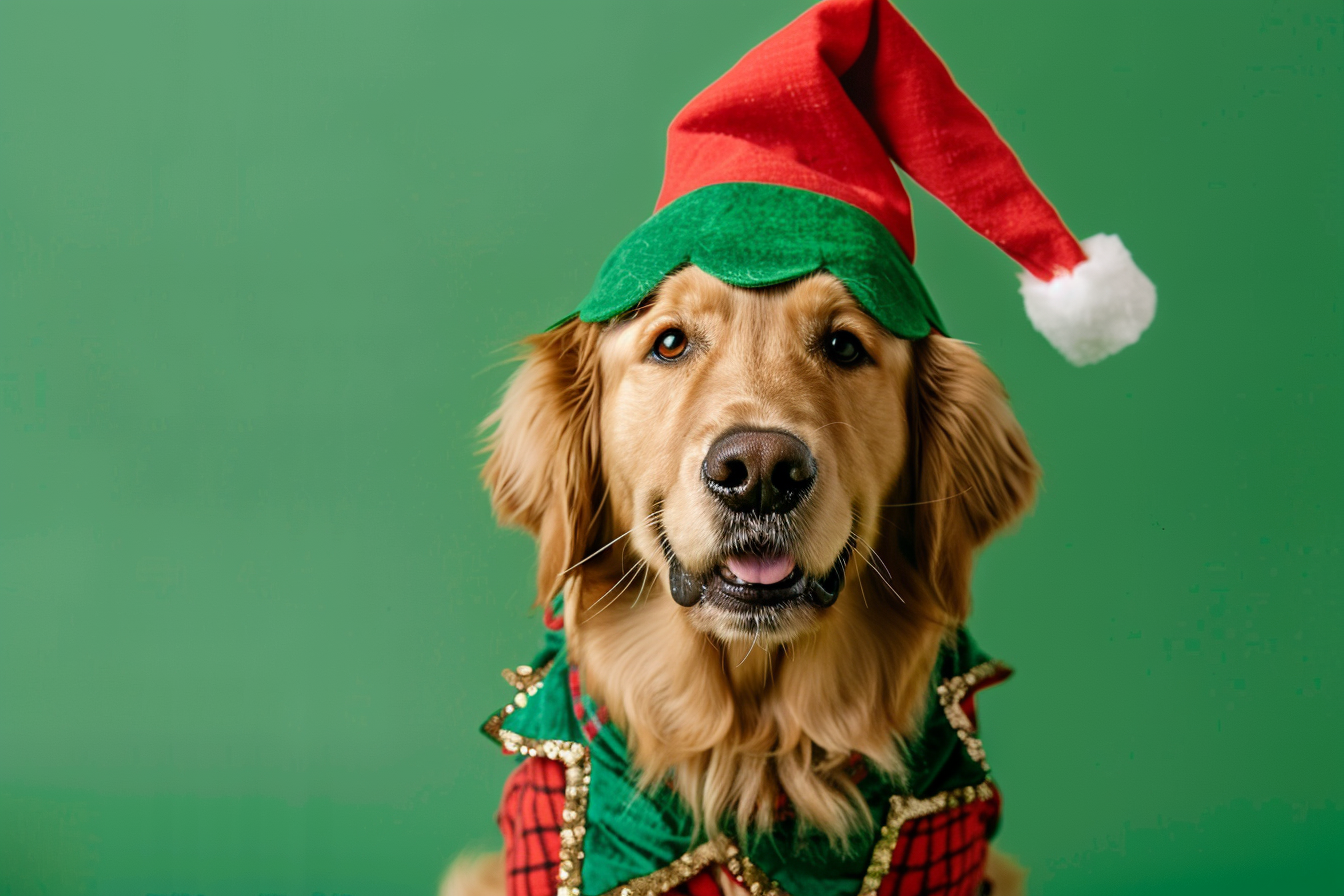 Image gratuite Golden Retriever déguisé en lutin sur fond vert vif 1