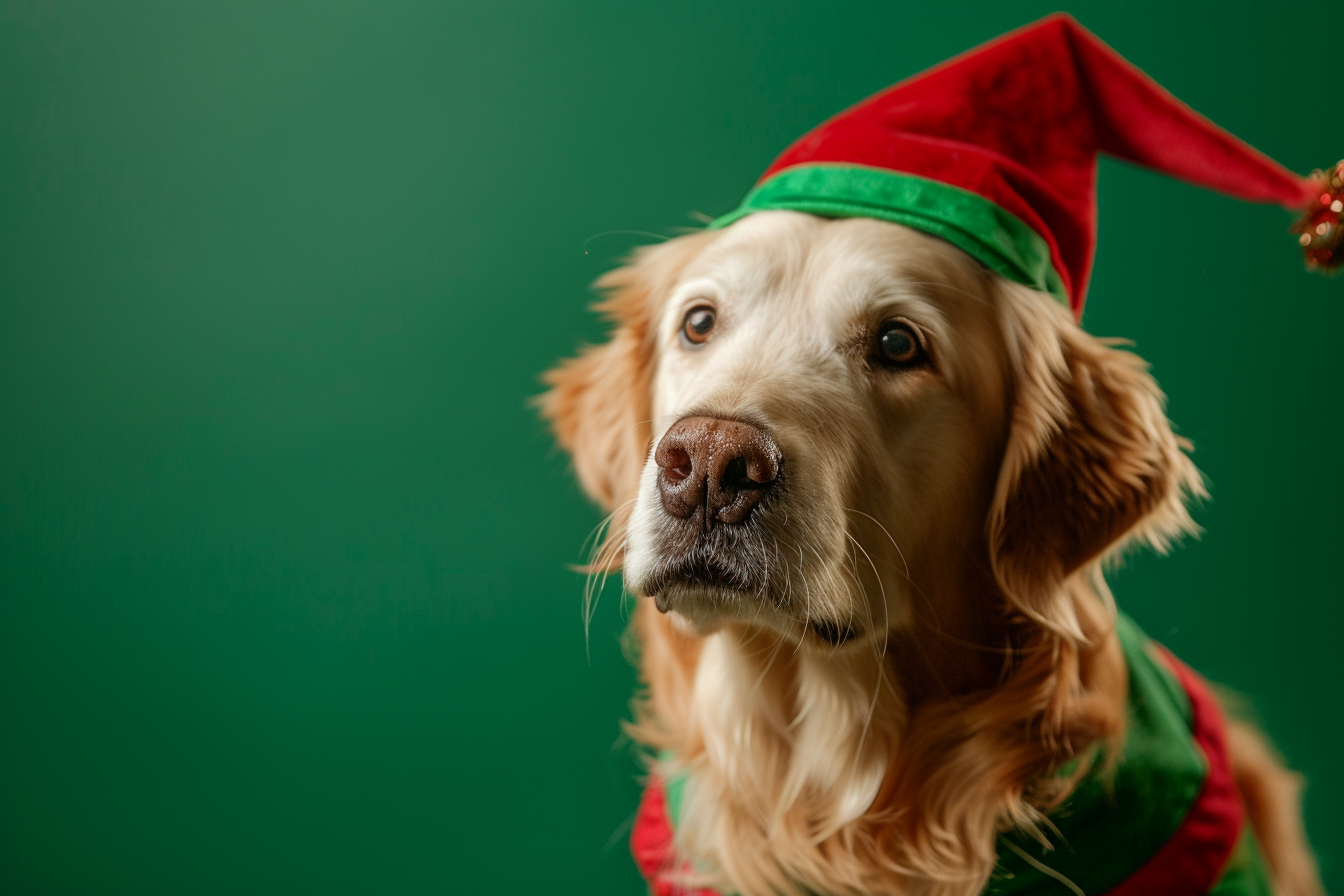 Image gratuite Golden Retriever déguisé en lutin sur fond vert vif 2