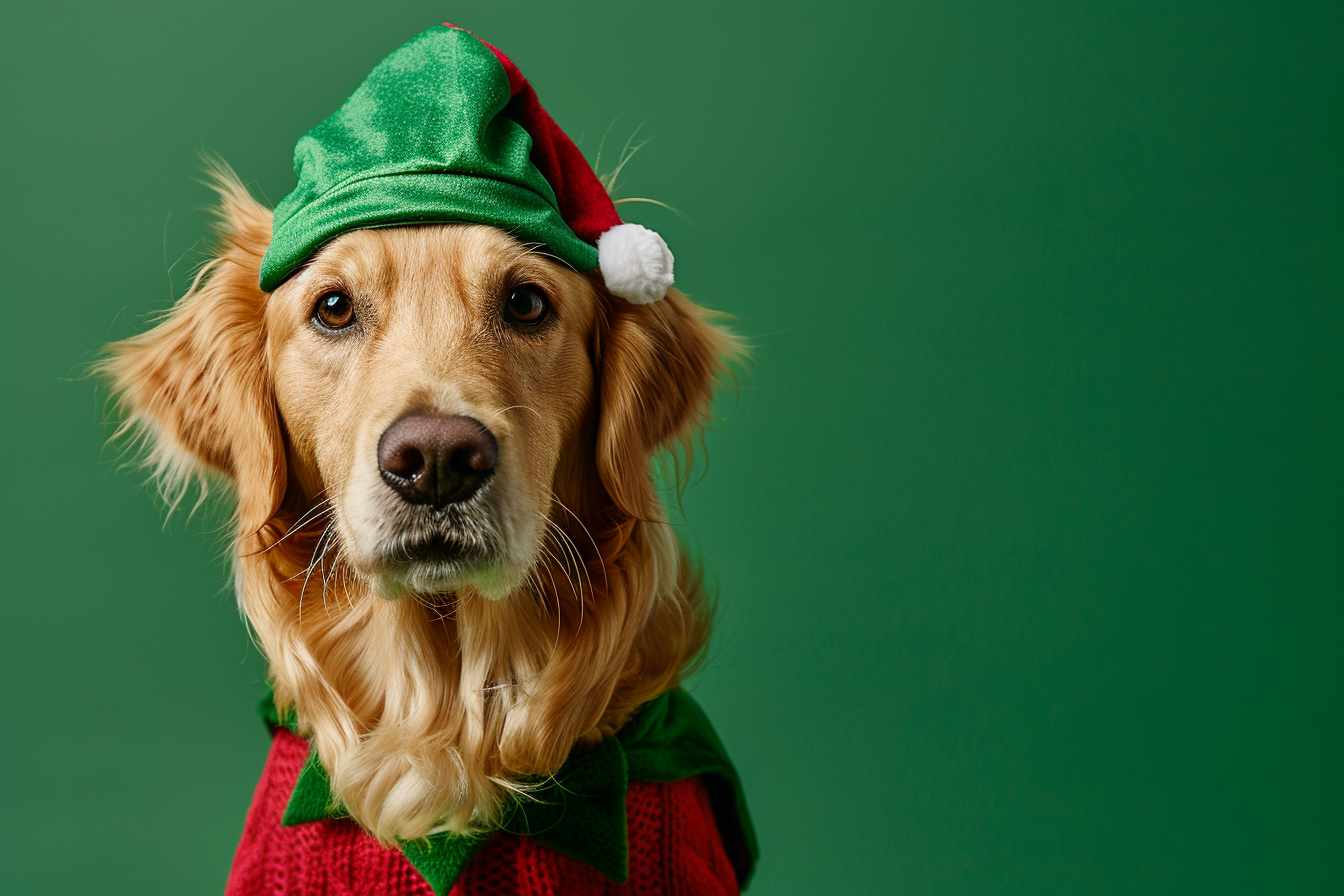 Image gratuite Golden Retriever déguisé en lutin sur fond vert vif 3