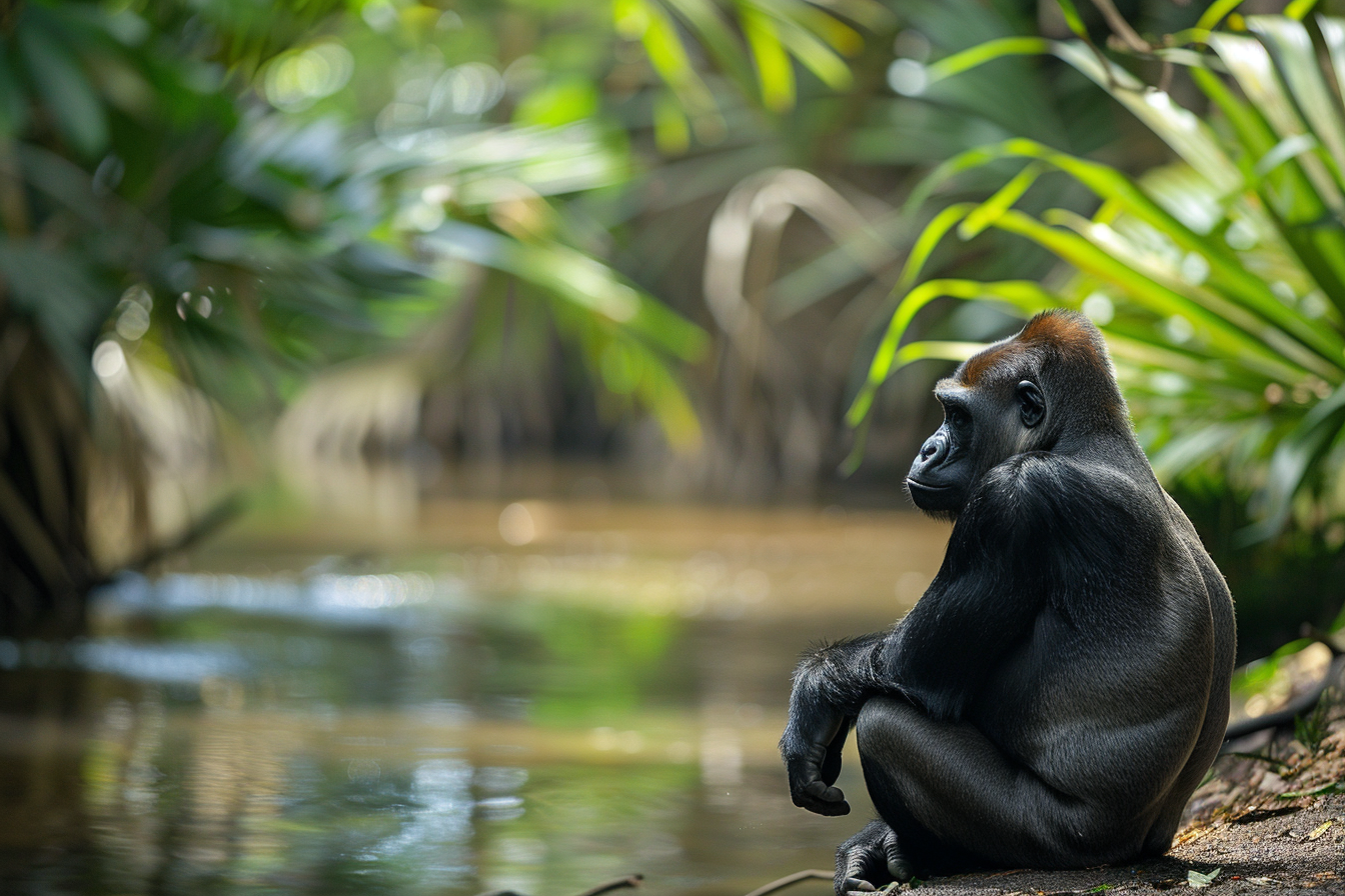 Image gratuite Gorille contemplatif près d&rsquo;un ruisseau 1