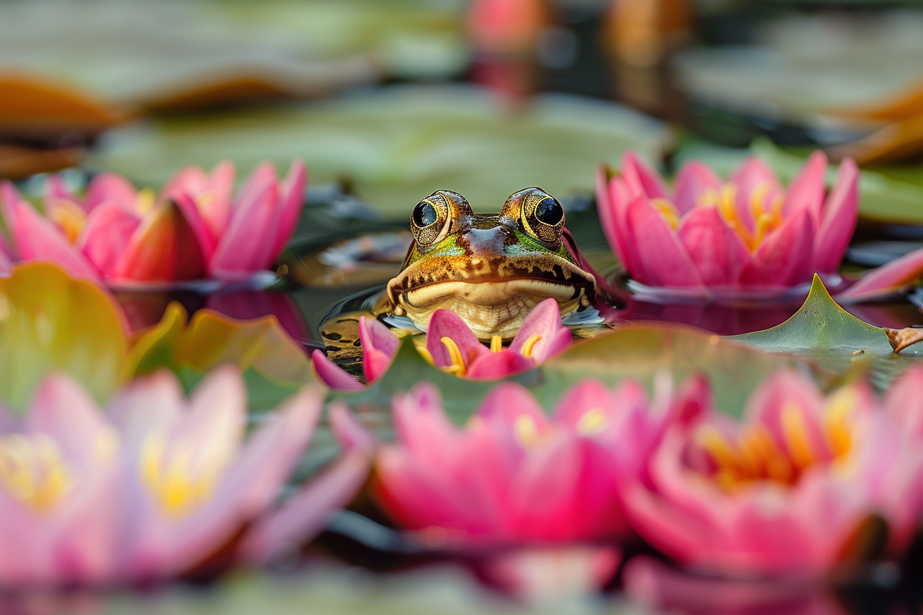 Image gratuite Grenouille curieuse parmi nénuphars 1