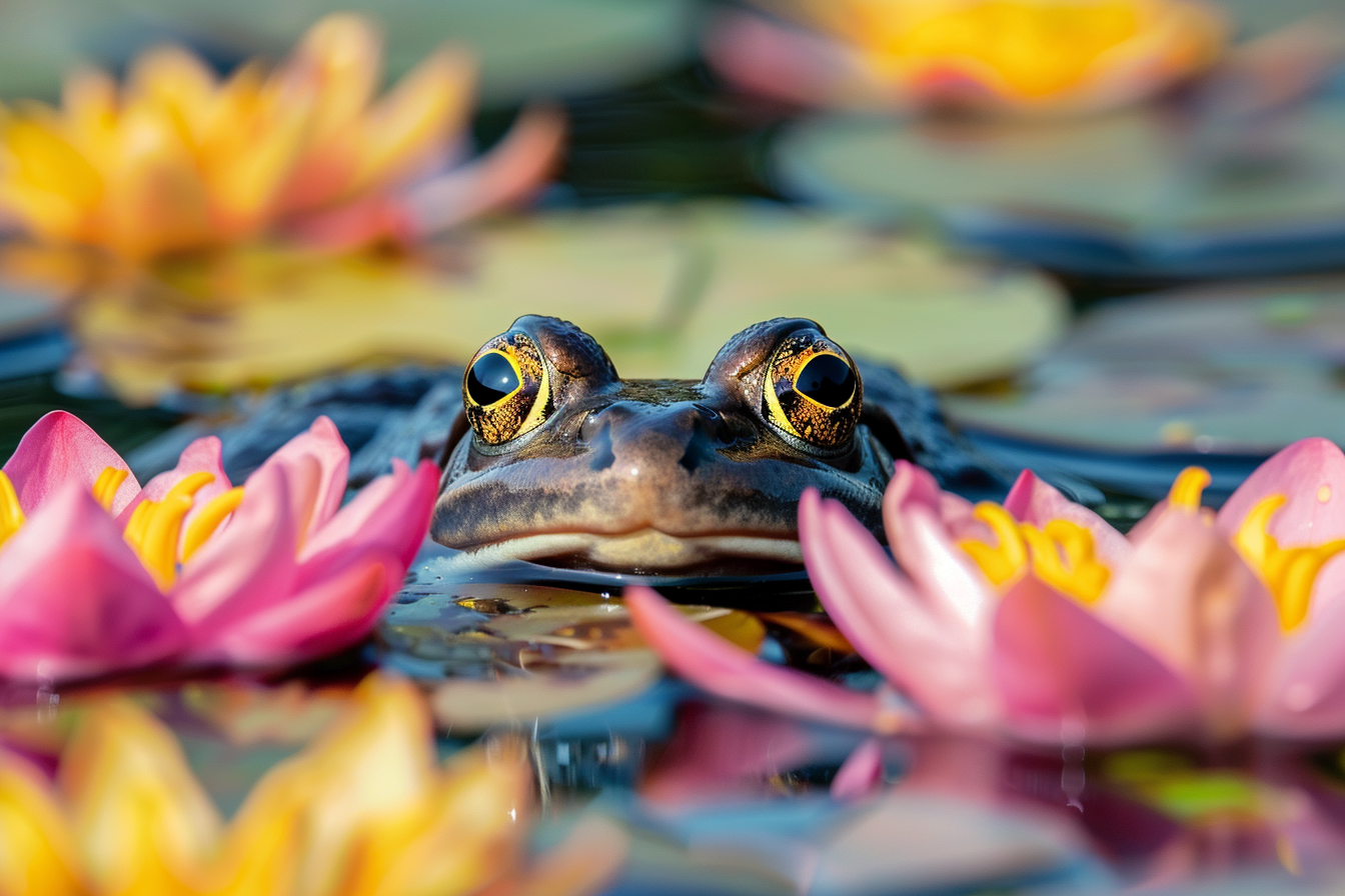 Image gratuite Grenouille curieuse parmi nénuphars 2