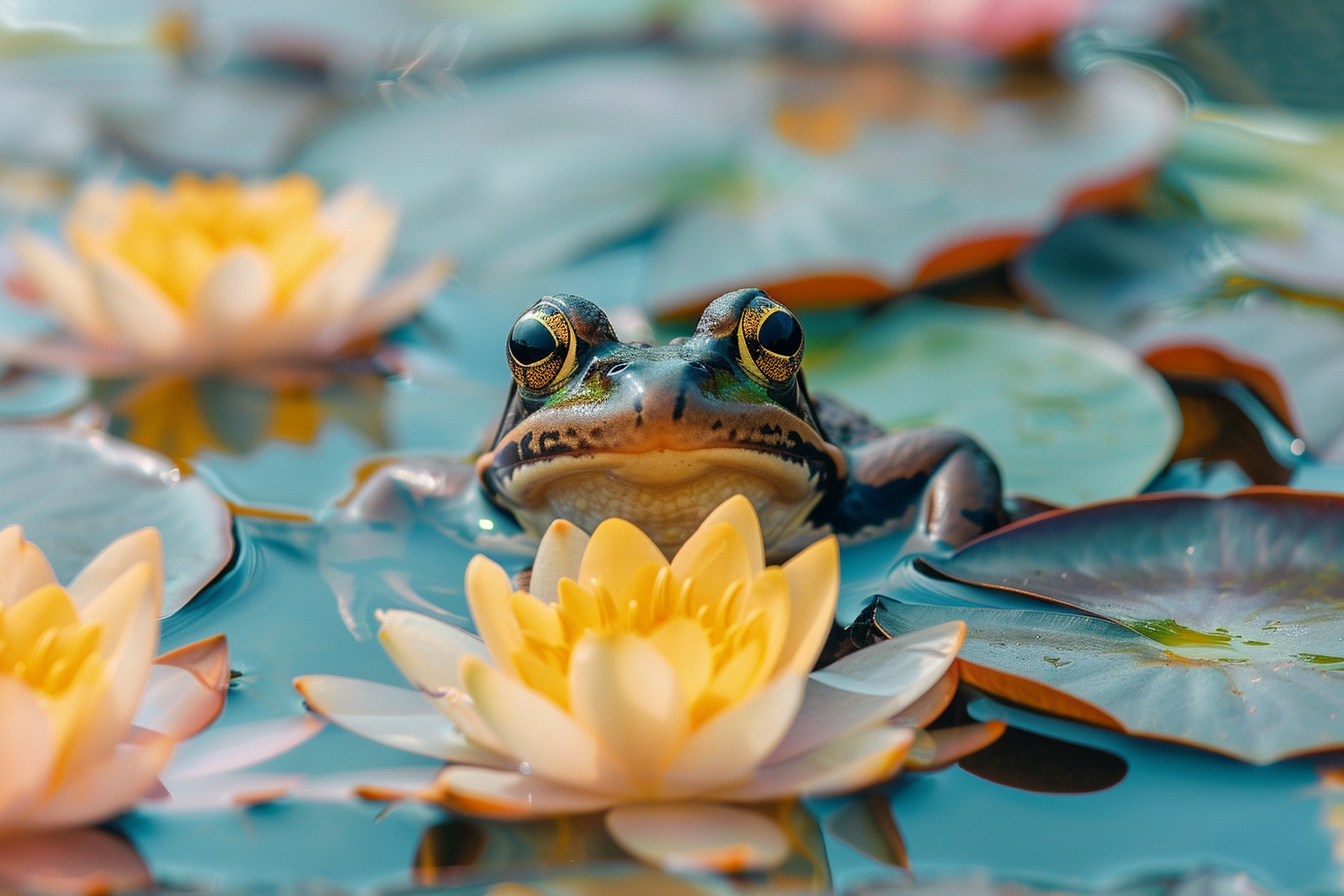 Image gratuite Grenouille curieuse parmi nénuphars 3