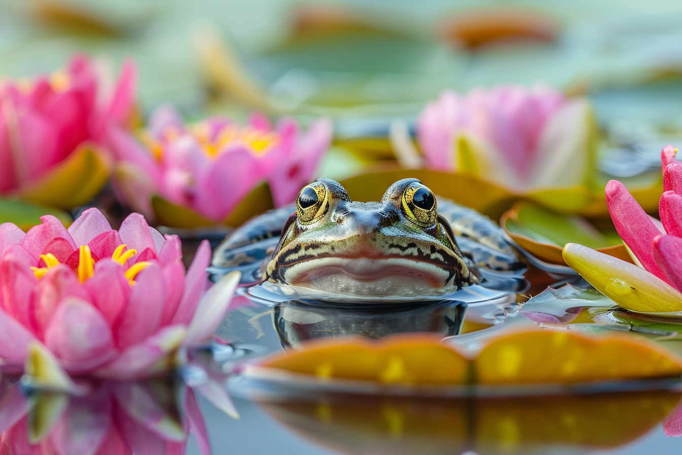Image gratuite Grenouille curieuse parmi nénuphars 4