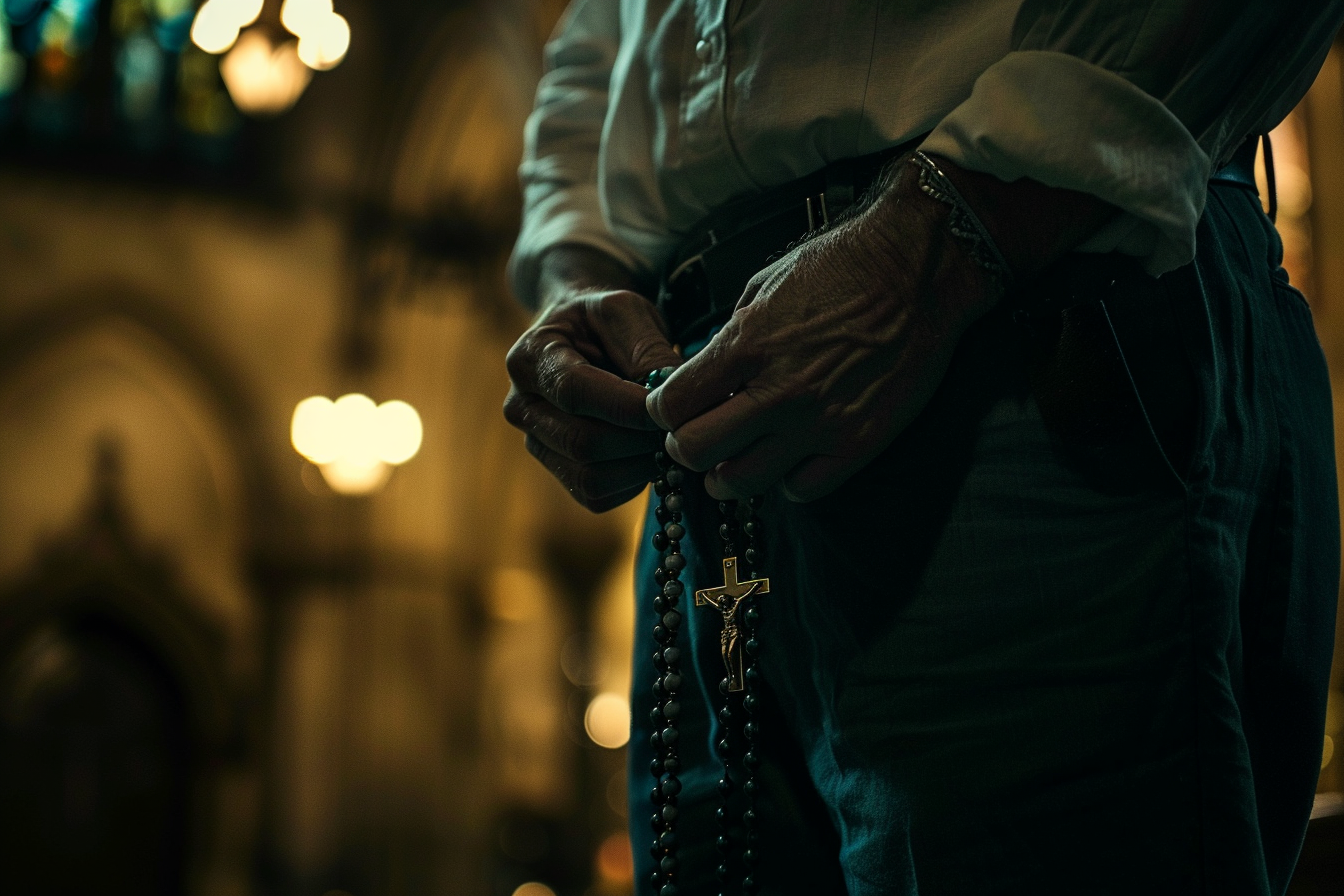 Image gratuite Gros plan intense mains homme chapelet, cathédrale sombre 1