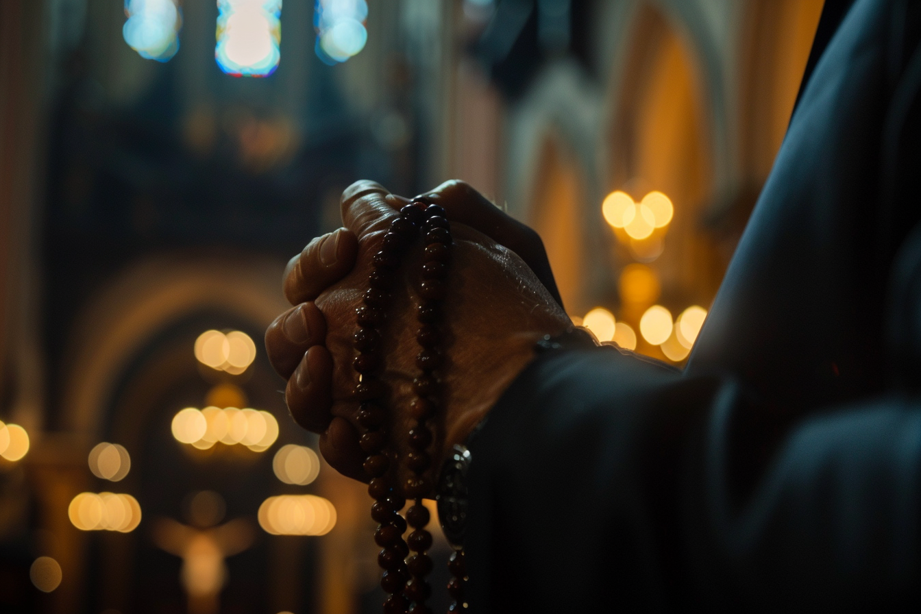 Image gratuite Gros plan intense mains homme chapelet, cathédrale sombre 2