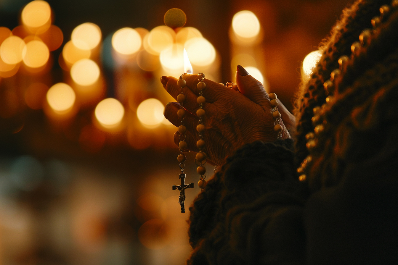 Image gratuite Gros plan mains femme chapelet, chapelle sombre 1