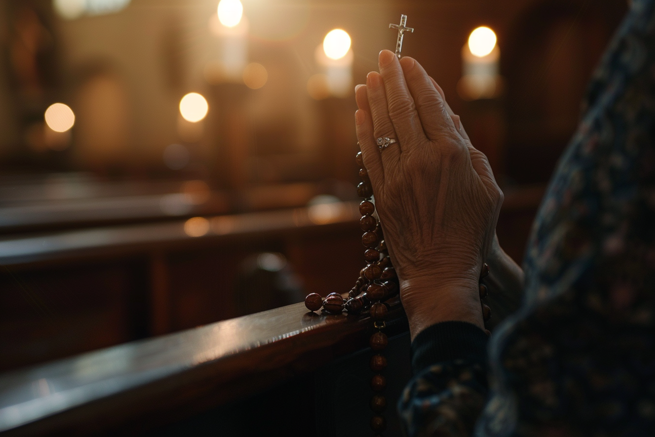 Image gratuite Gros plan mains femme chapelet, église sombre 1