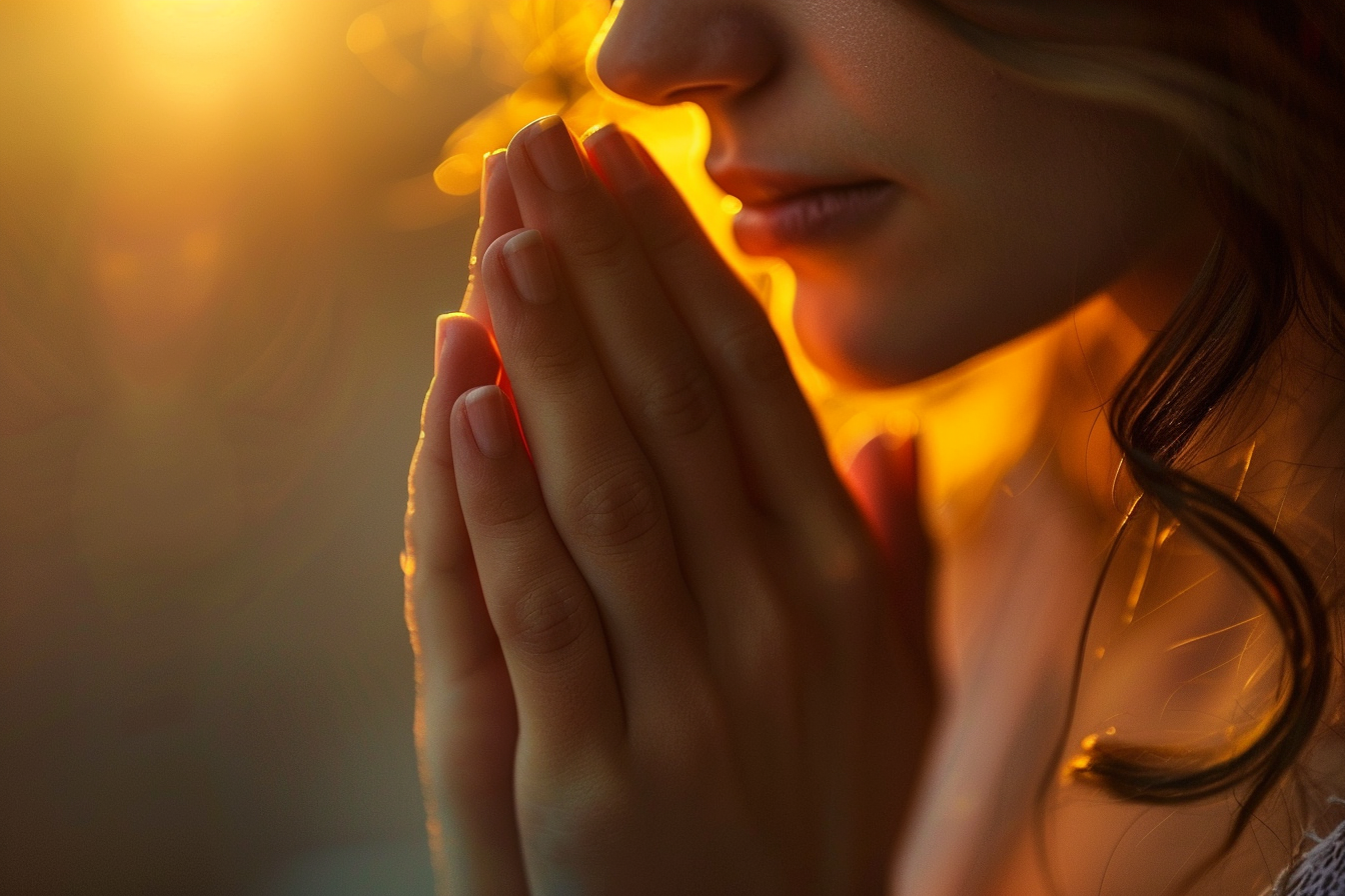 Image gratuite Gros plan mains femme prière, douce lumière dorée 2