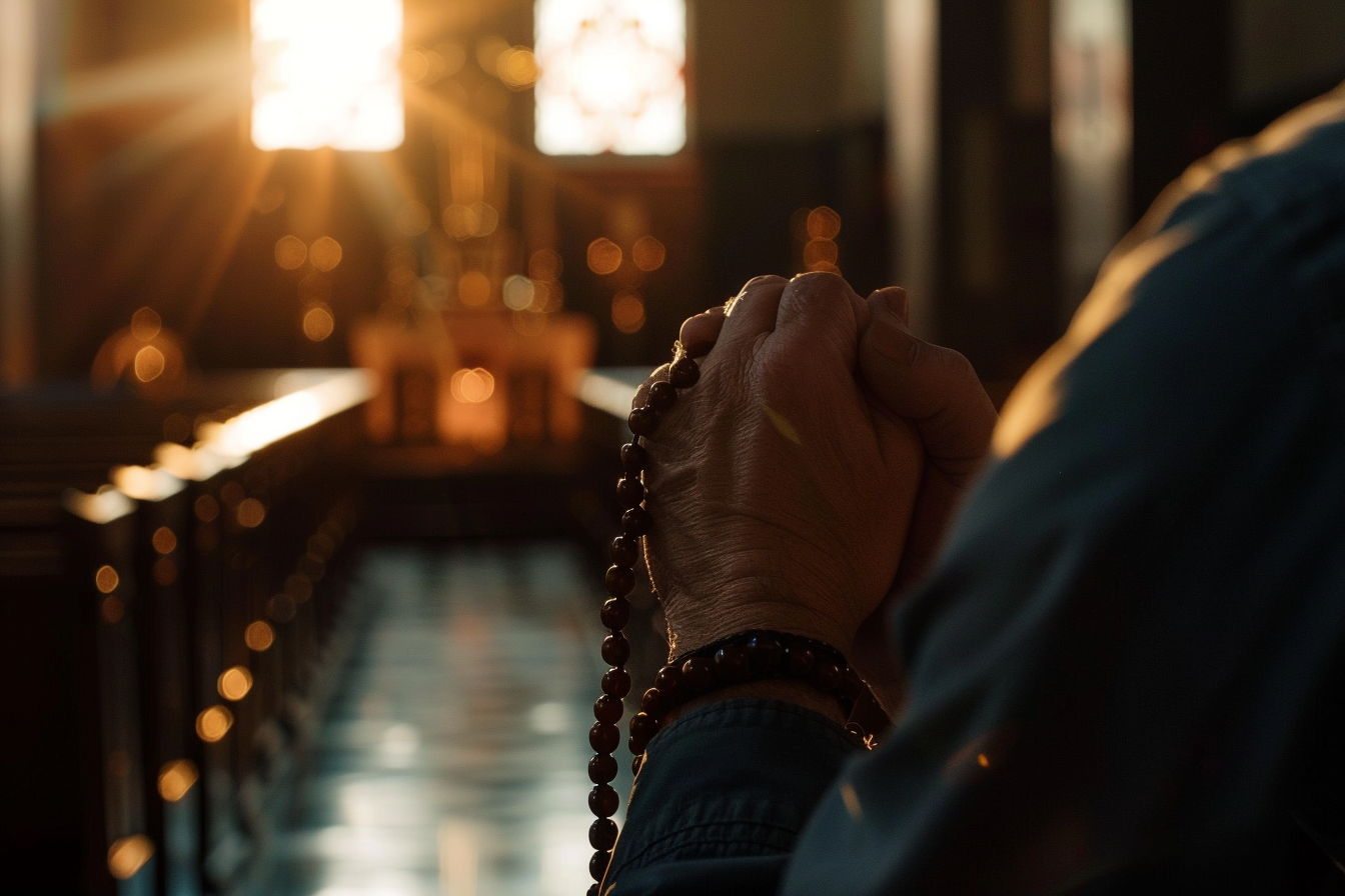 Image gratuite Gros plan mains homme chapelet, chapelle ensoleillée 1