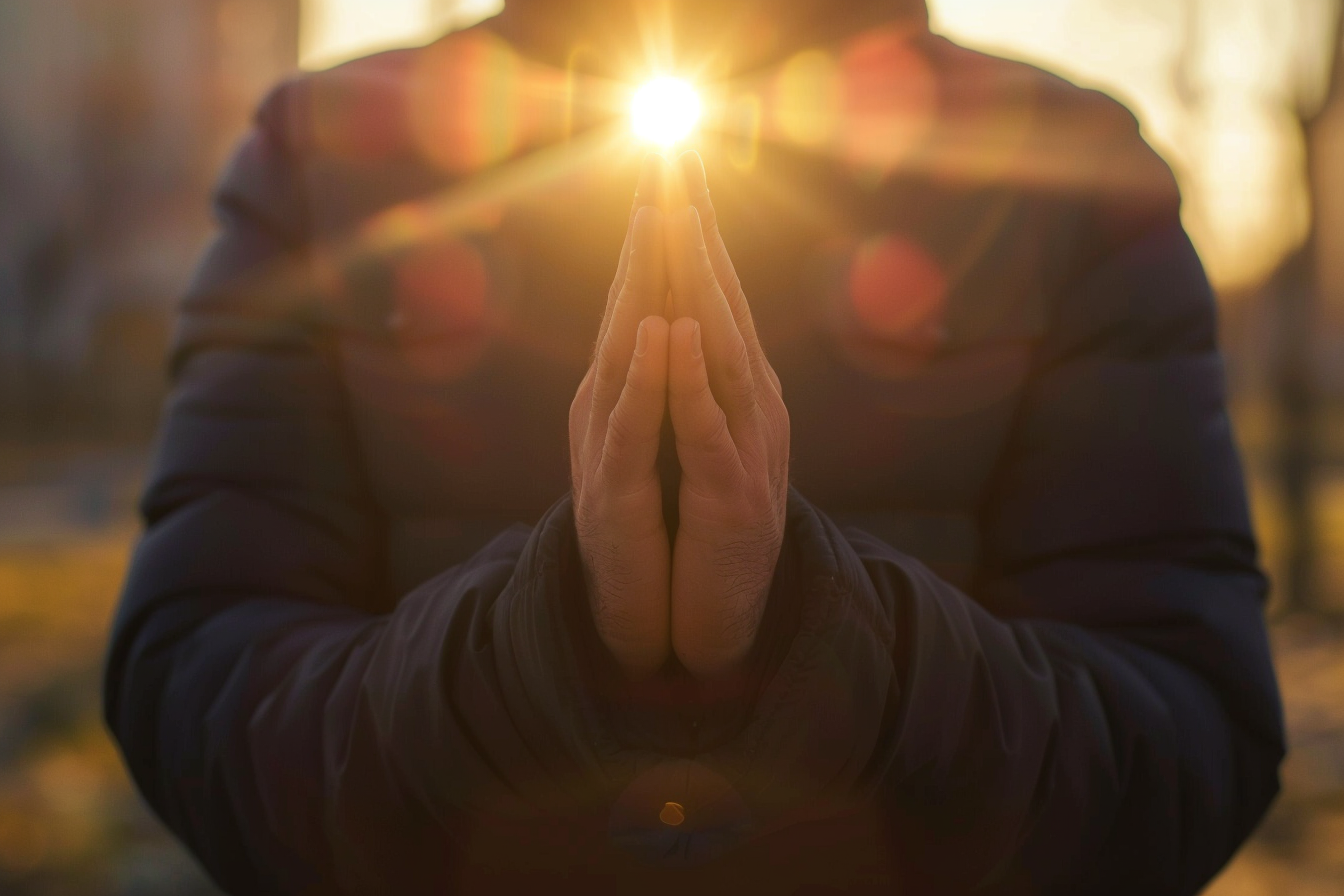 Image gratuite Gros plan mains homme prière, lumière chaude soleil 1