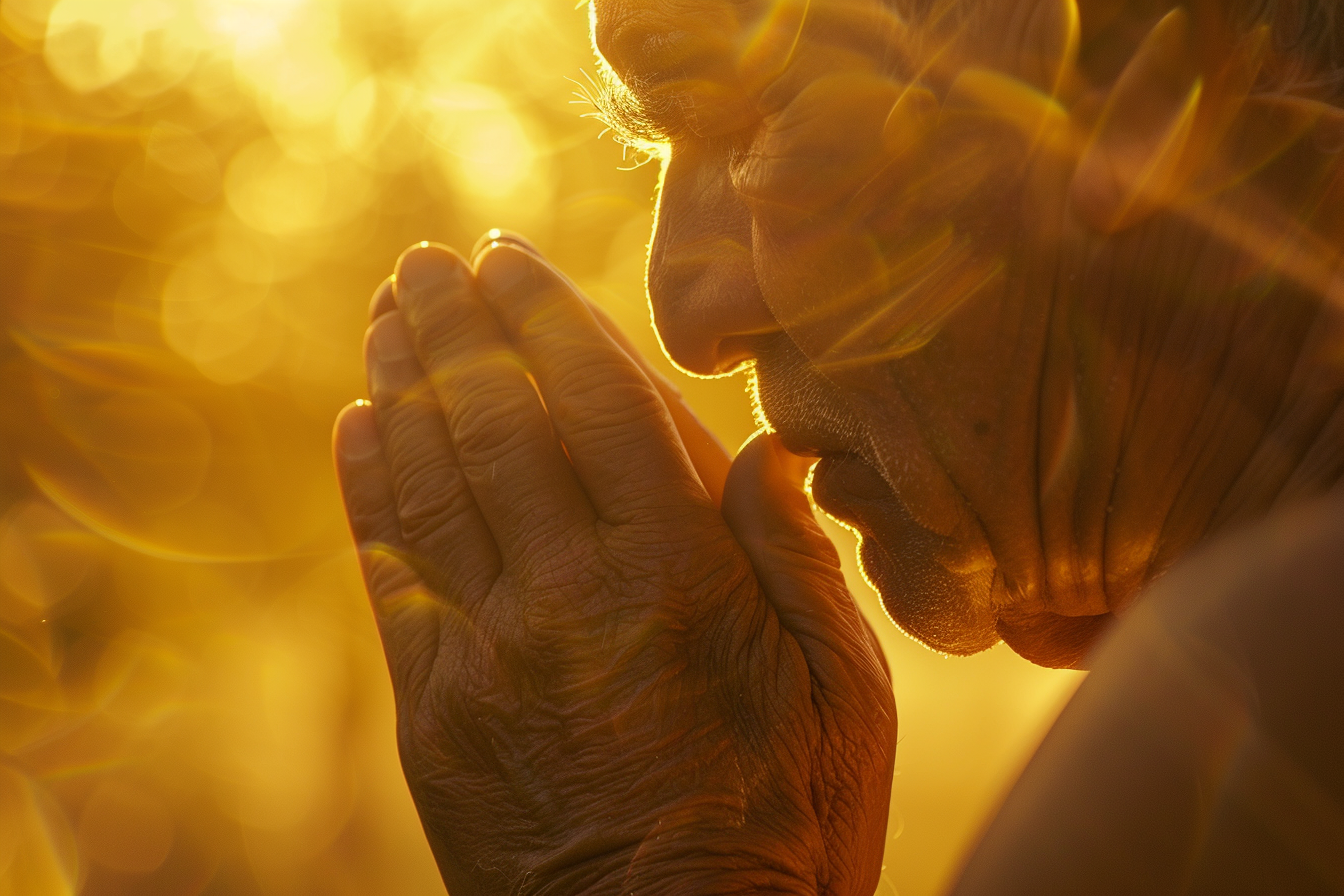 Image gratuite Gros plan mains homme prière, lumière chaude soleil 2