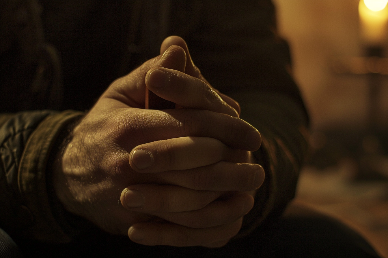 Image gratuite Gros plan mains homme prière, pièce faiblement éclairée 1