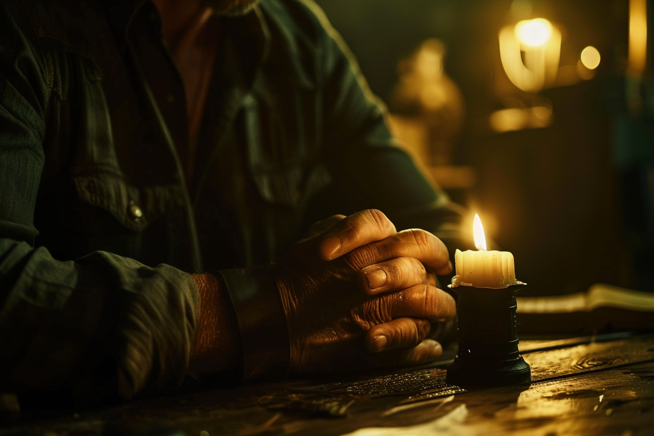 Image gratuite Gros plan mains homme prière, pièce faiblement éclairée 2
