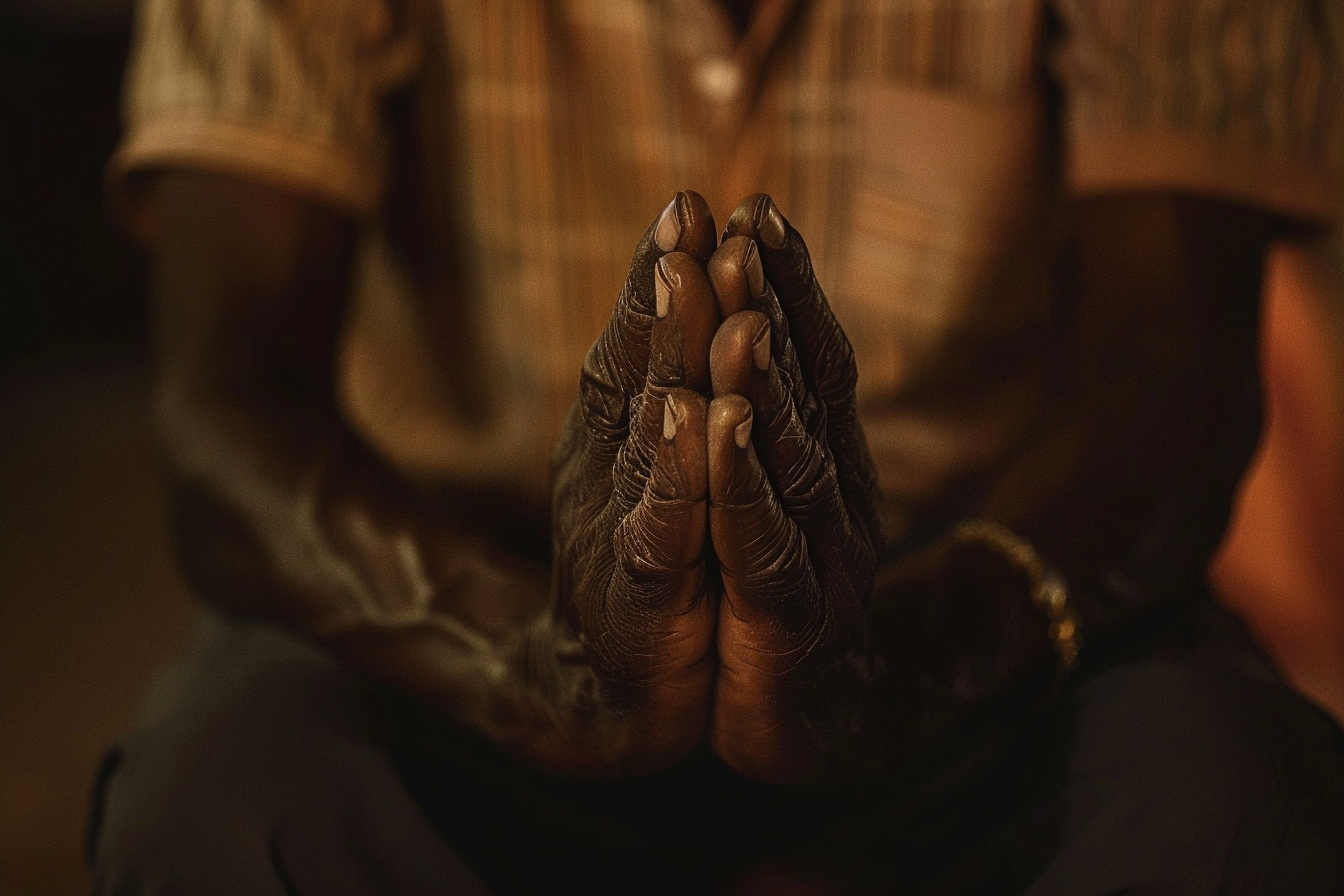 Image gratuite Gros plan mains homme prière, pièce faiblement éclairée 3