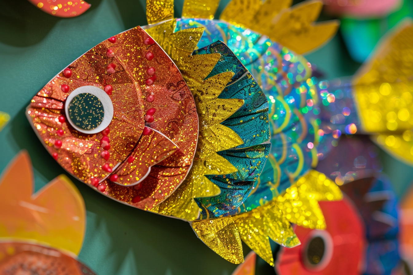 Image gratuite Gros plan, poisson papier coloré, détails scintillants, tableau 1