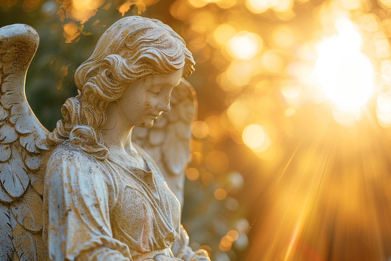 Image gratuite Gros plan statue d&rsquo;un ange, lumière dorée 1