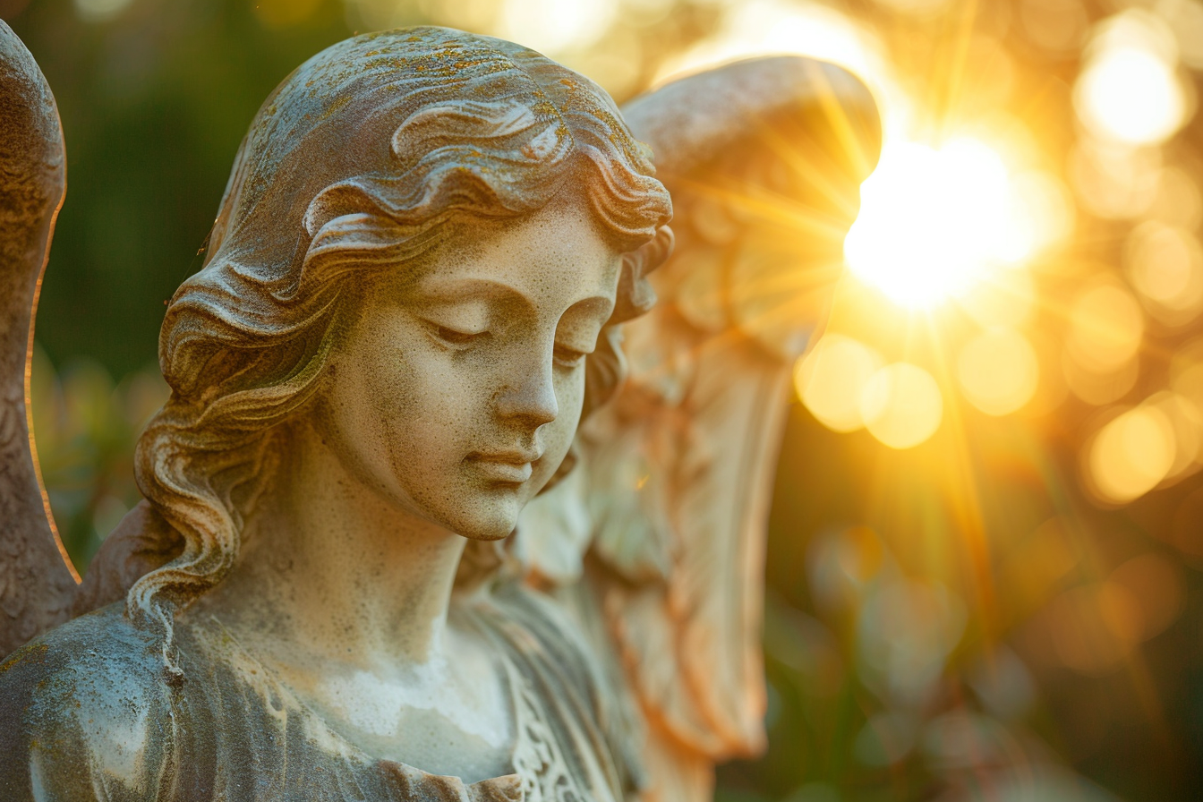 Image gratuite Gros plan statue d&rsquo;un ange, lumière dorée 2