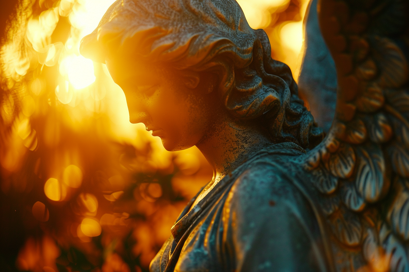 Image gratuite Gros plan statue d&rsquo;un ange, lumière dorée 3