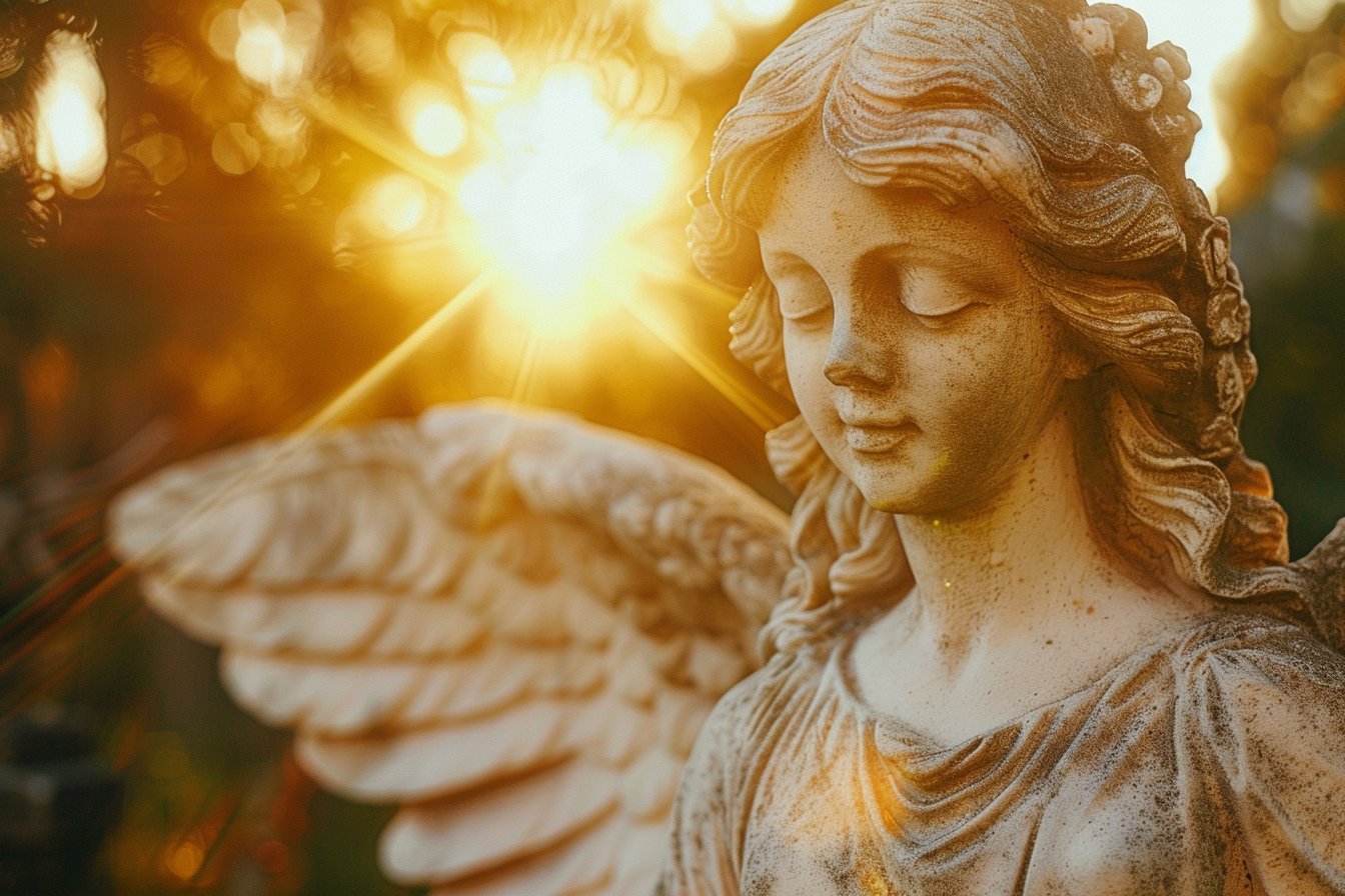 Image gratuite Gros plan statue d&rsquo;un ange, lumière dorée 4