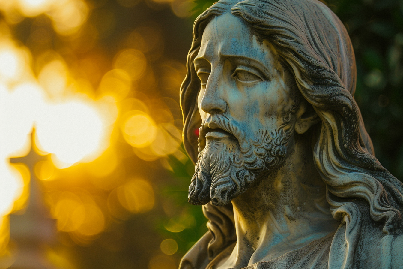 Image gratuite Gros plan statue Jésus, lumière dorée 1
