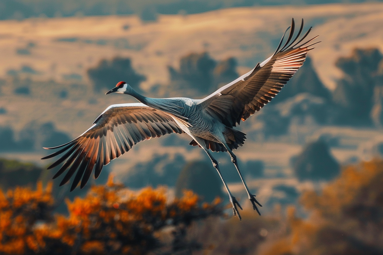 Image gratuite Grue en plein vol au-dessus du paysage 1
