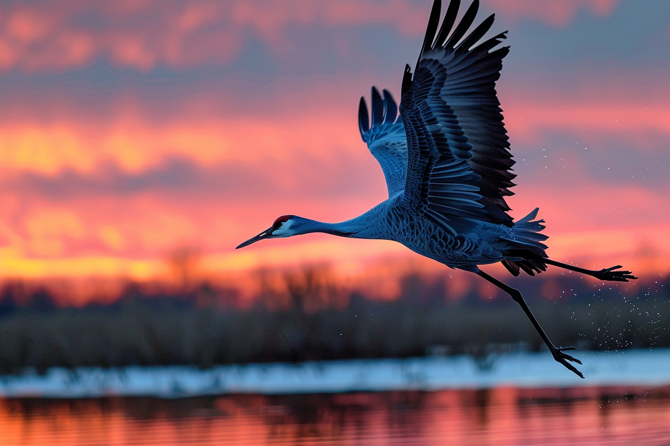Image gratuite Grue prenant son envol au-dessus de l&rsquo;étang 2