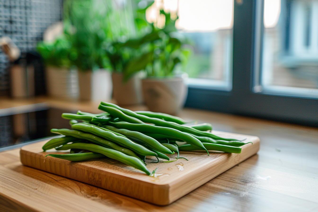 Image gratuite Haricots verts sur planche en bois 1