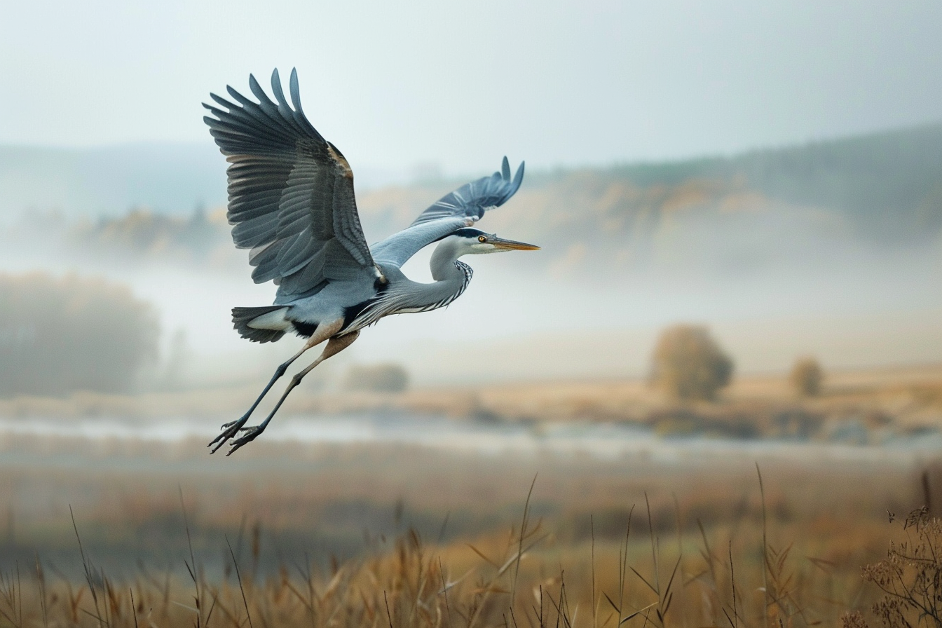 Image gratuite Héron en plein vol au-dessus du paysage 1