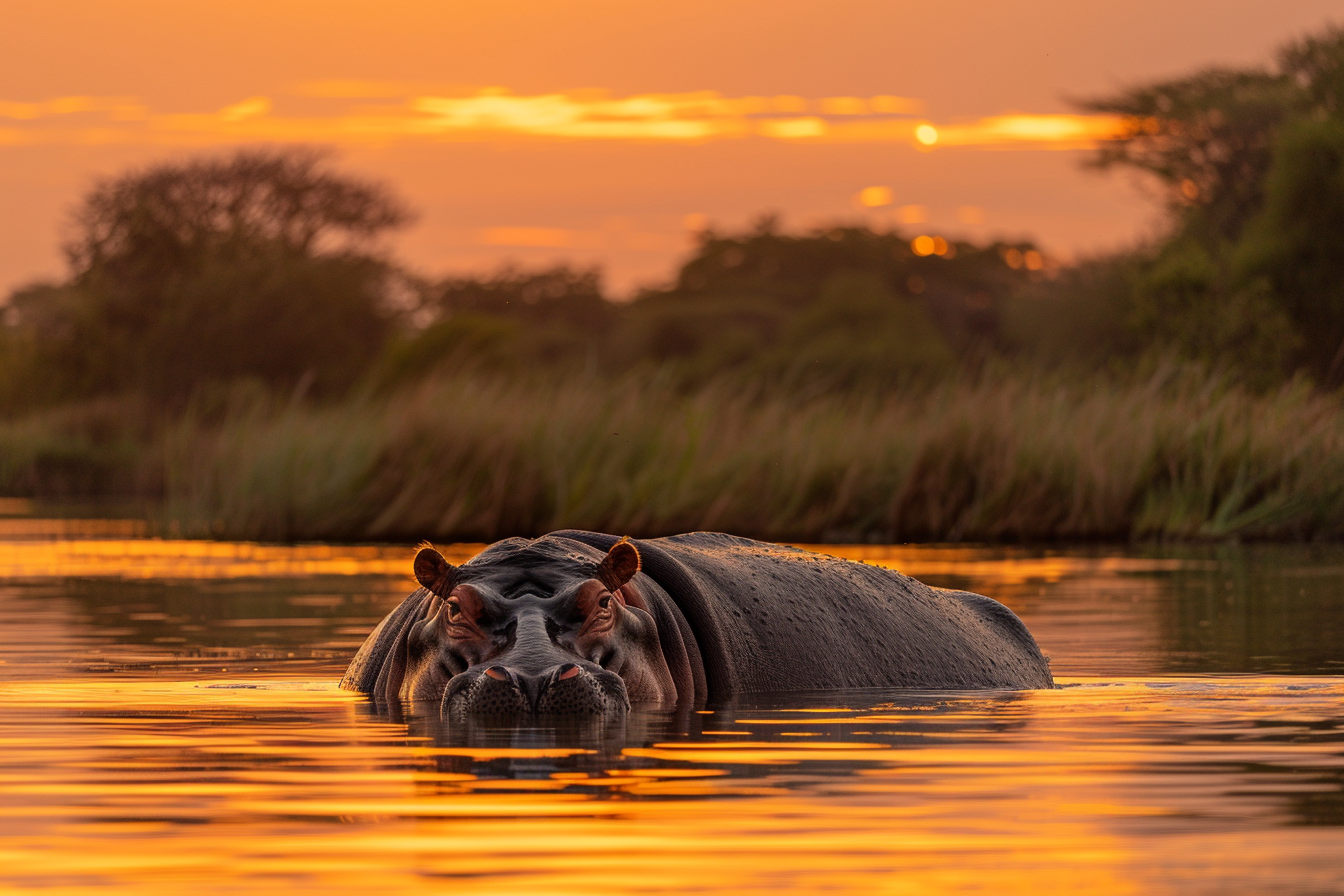 Image gratuite Hippopotame se prélassant dans coucher de soleil 1