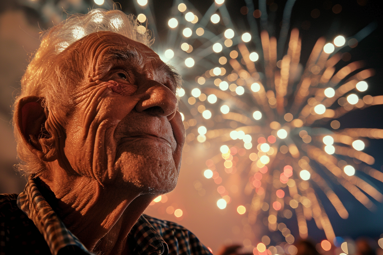 Image gratuite Homme âgé appréciant les feux d&rsquo;artifice du 14 juillet 1