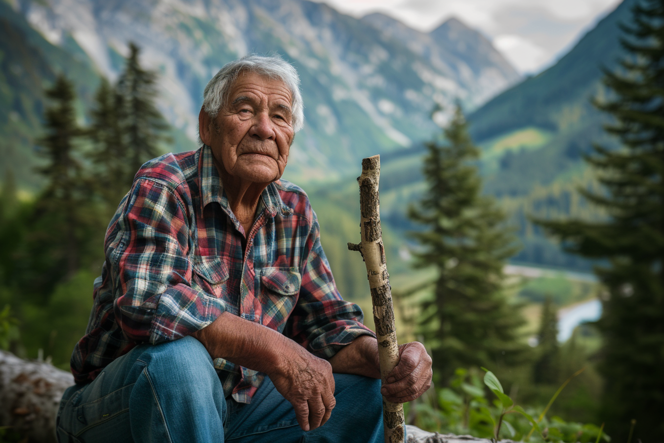 Image gratuite Homme âgé assis dans une montagne boisée 1