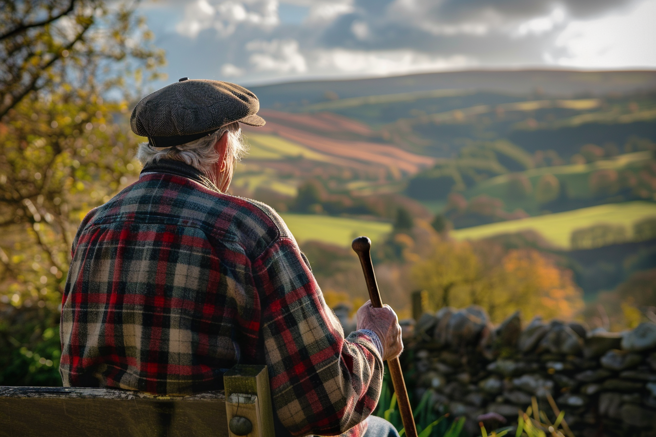 Image gratuite Homme âgé assis sur un banc dans une vallée 1