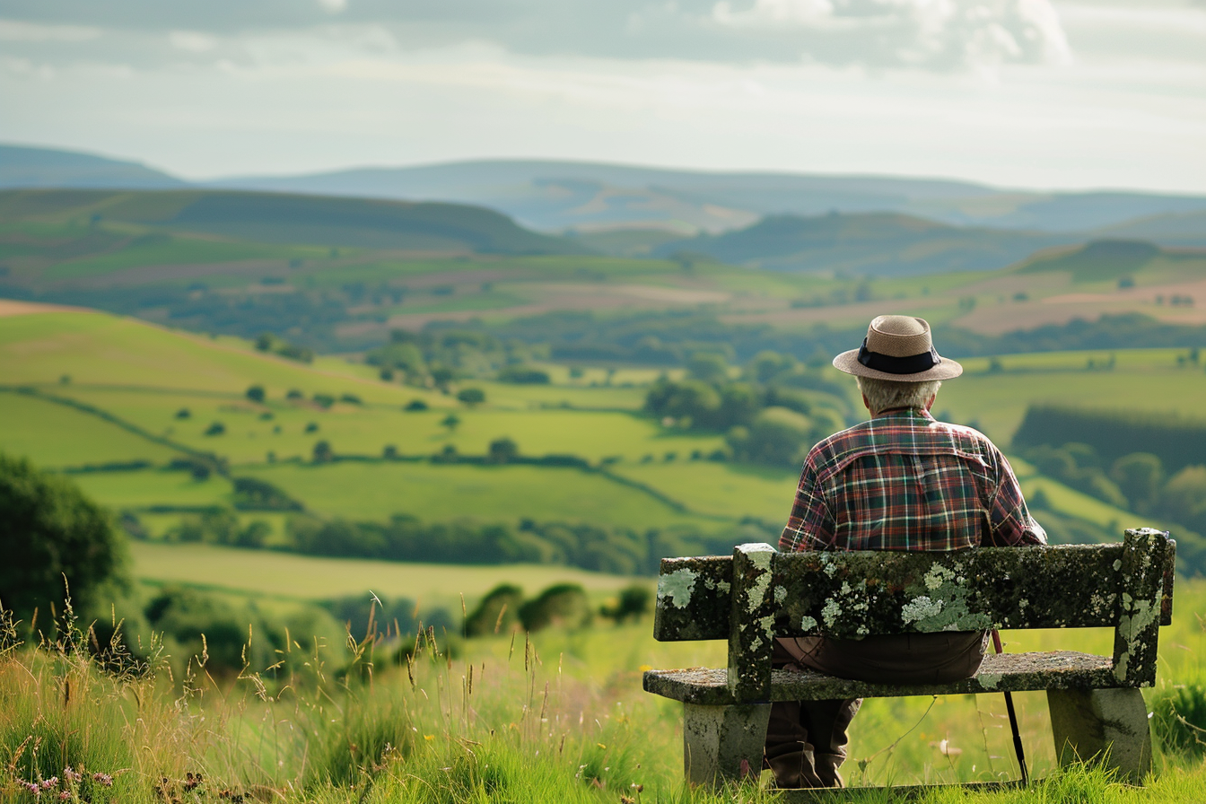 Image gratuite Homme âgé assis sur un banc dans une vallée 2