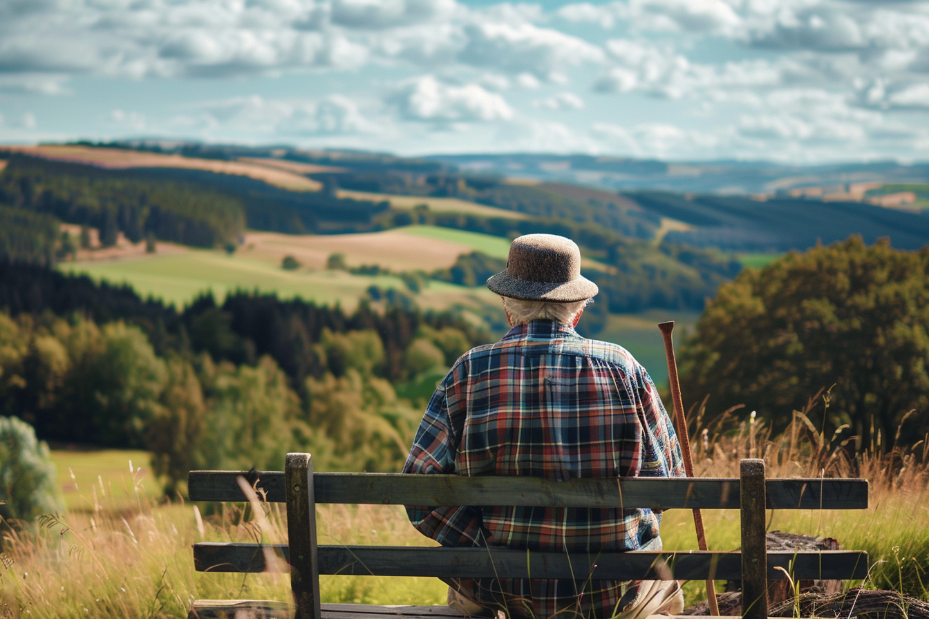 Image gratuite Homme âgé assis sur un banc dans une vallée 4