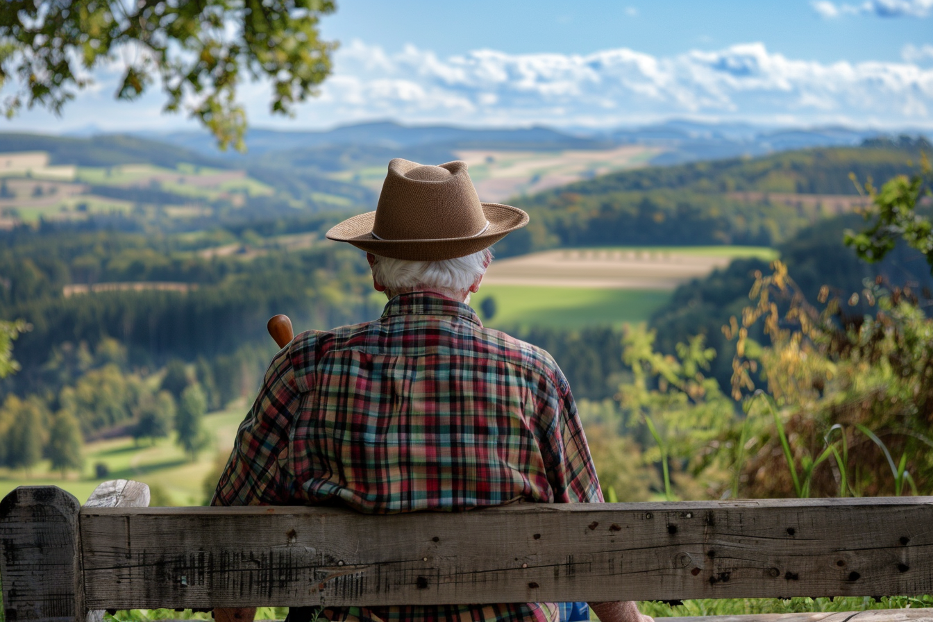 Image gratuite Homme âgé assis sur un banc dans une vallée 5