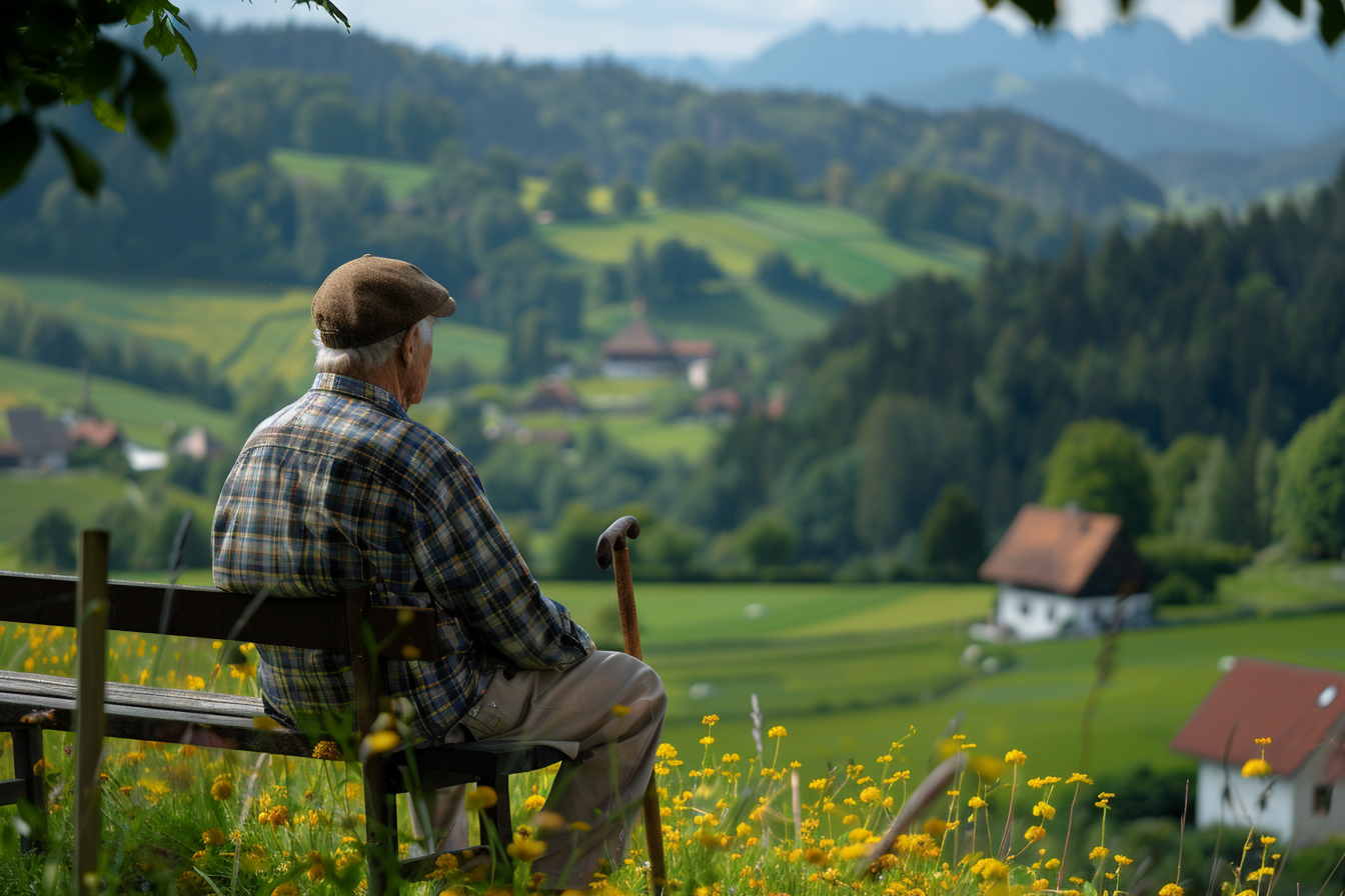 Image gratuite Homme âgé assis sur un banc dans une vallée 6