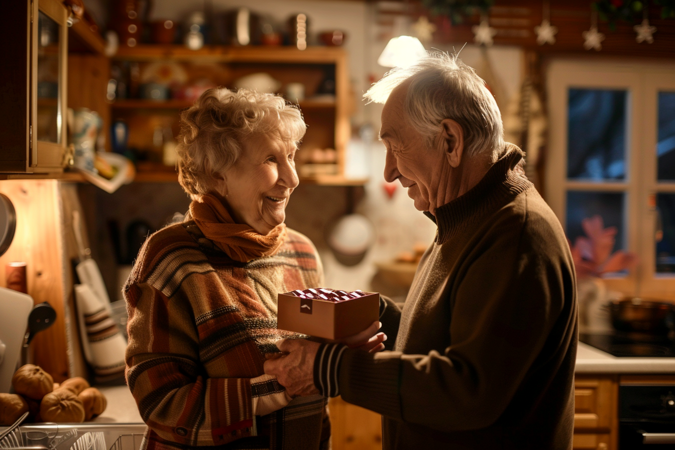 Image gratuite Homme âgé, boîte chocolats, femme, cuisine chaleureuse 1