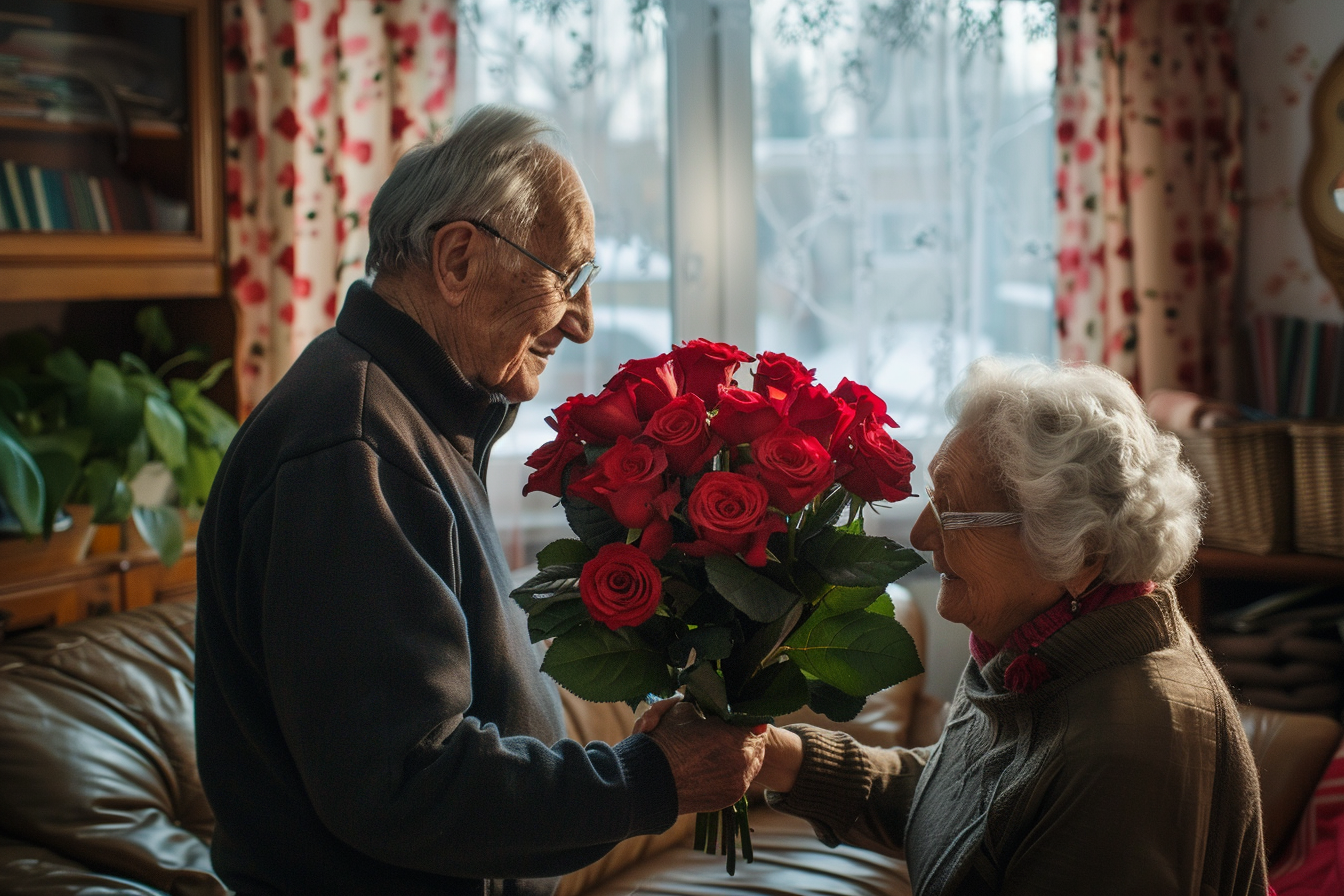 Image gratuite Homme âgé, bouquet roses, femme, salon chaleureux 1
