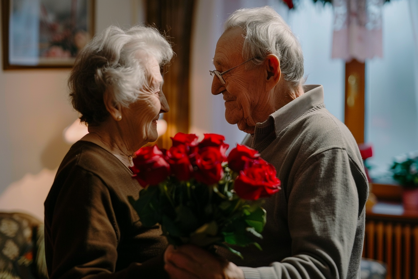 Image gratuite Homme âgé, bouquet roses, femme, salon chaleureux 3