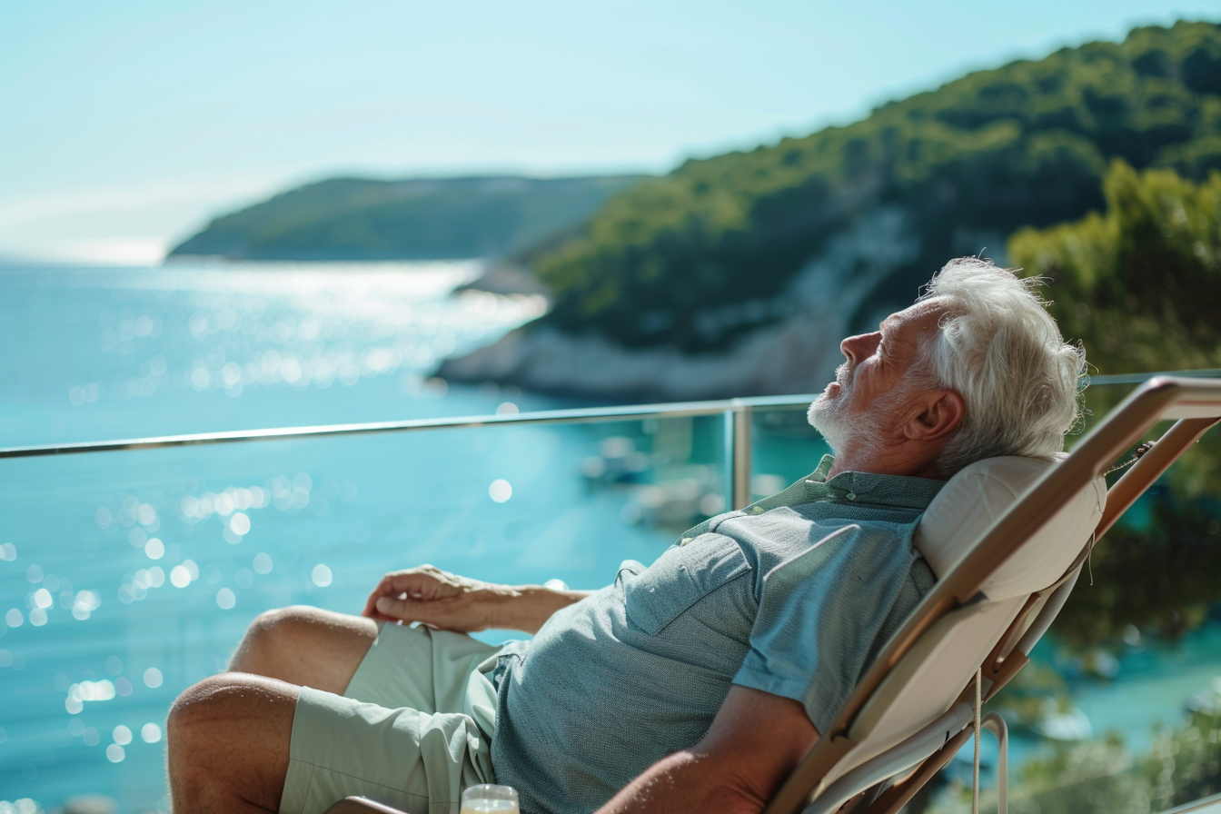 Image gratuite Homme âgé bronzant sur une chaise longue avec vue sur la mer 1