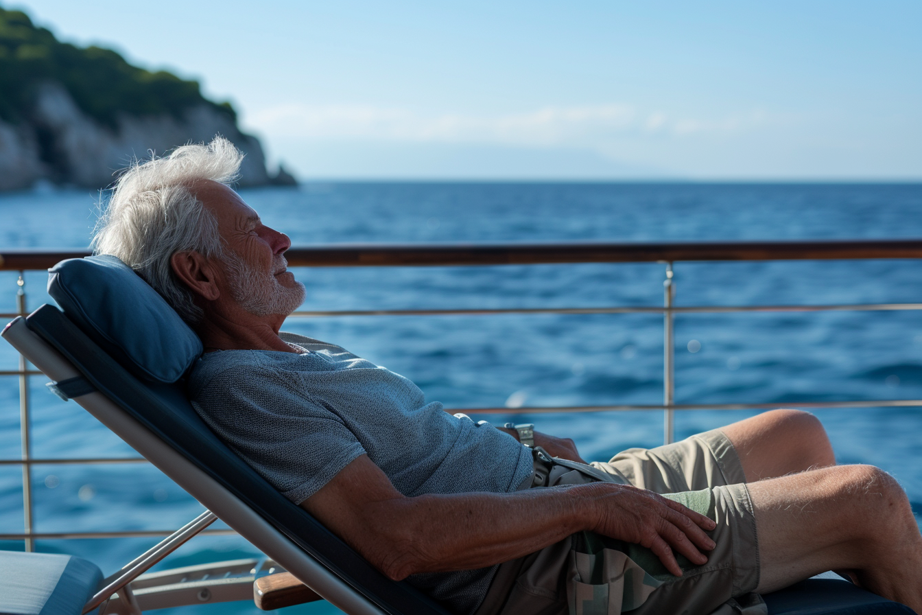 Image gratuite Homme âgé bronzant sur une chaise longue avec vue sur la mer 2