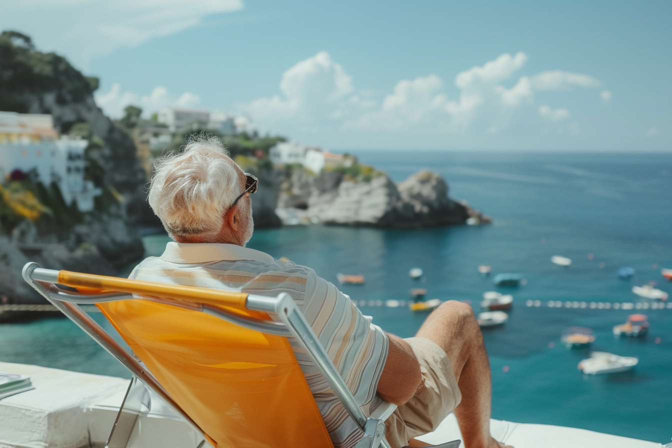 Image gratuite Homme âgé bronzant sur une chaise longue avec vue sur la mer 3