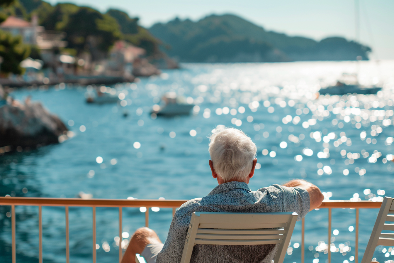 Image gratuite Homme âgé bronzant sur une chaise longue avec vue sur la mer 4