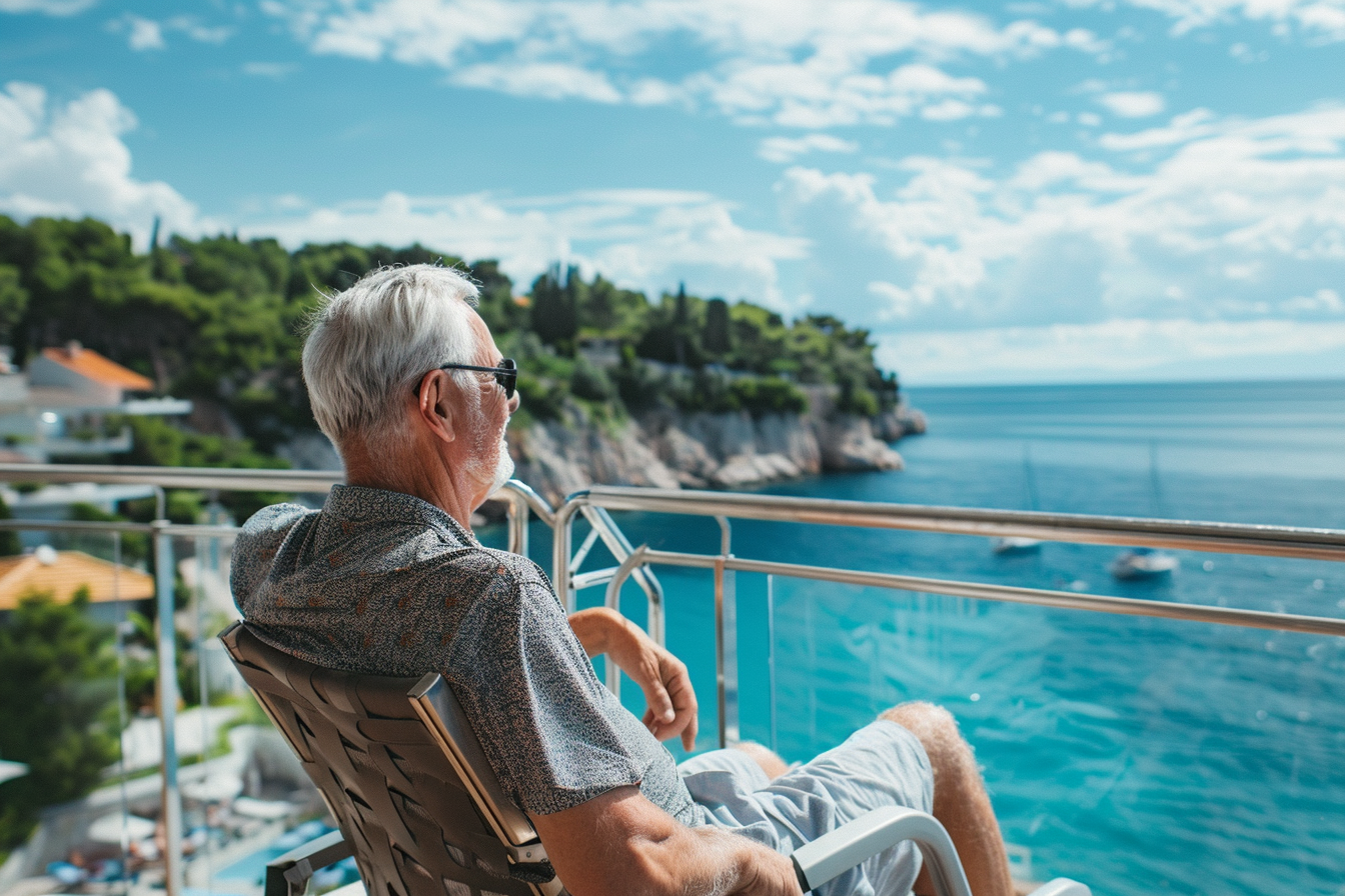 Image gratuite Homme âgé bronzant sur une chaise longue avec vue sur la mer 5