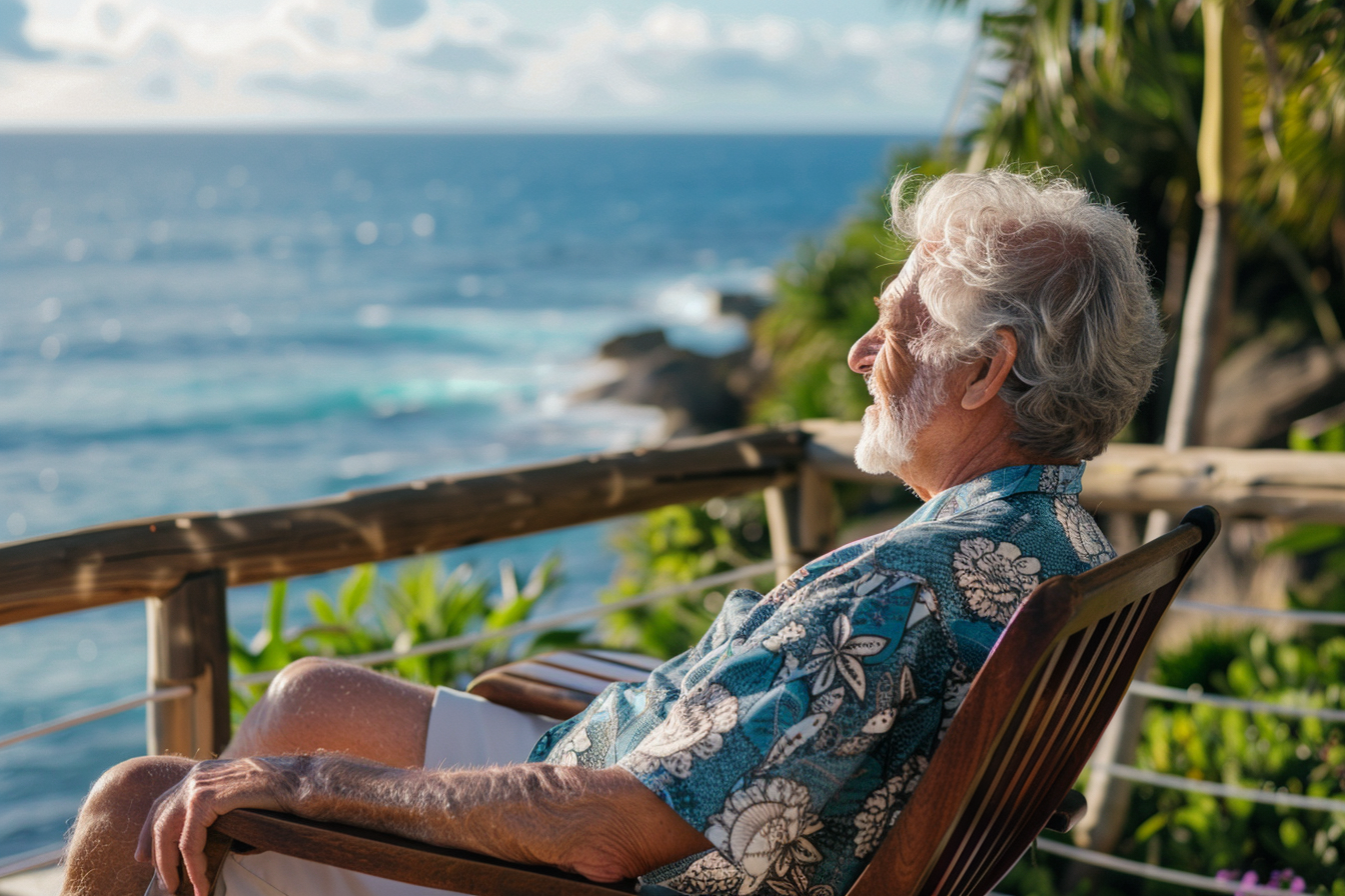 Image gratuite Homme âgé bronzant sur une chaise longue avec vue sur la mer 6