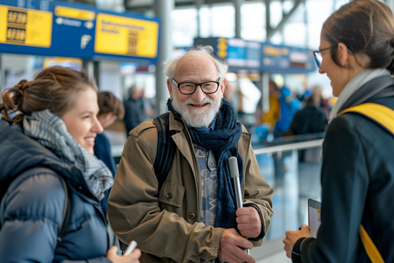 Image gratuite Homme âgé demandant aide à jeune au comptoir aéroport 1