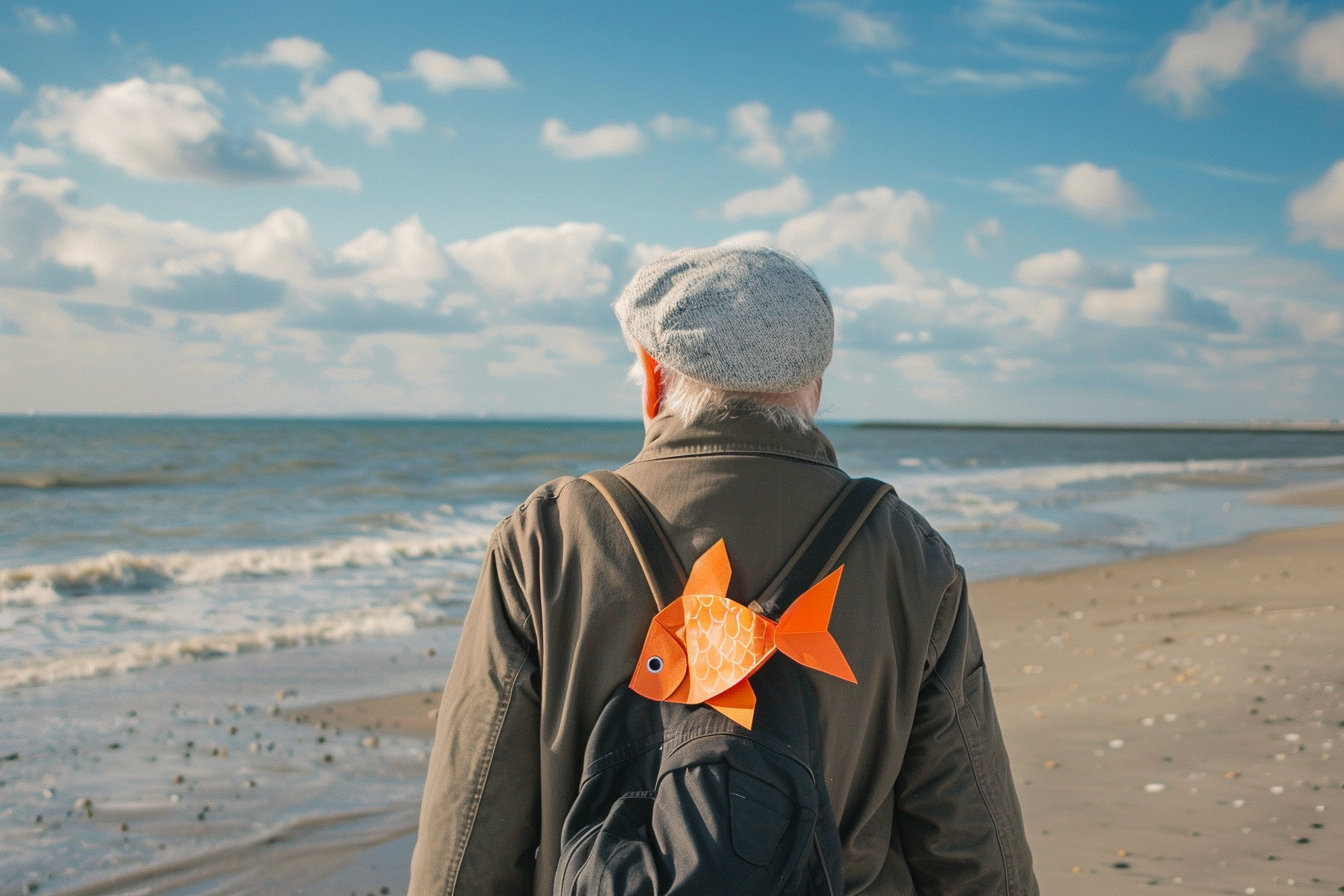 Image gratuite Homme âgé dos, poisson papier, marchant plage tranquille 1